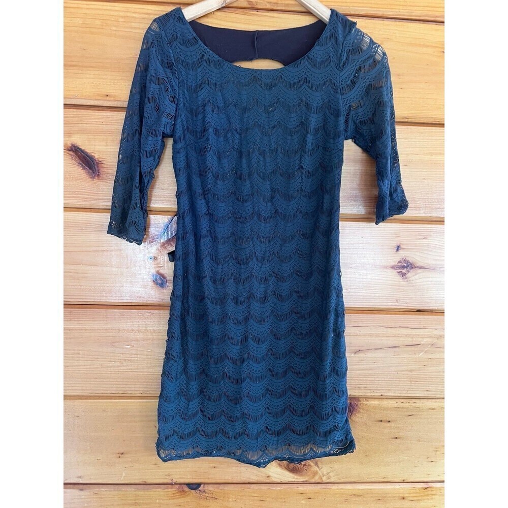 VTG Free People Fitted Lace Overlay Dress Dark Gray shiny Lining Body cone XS